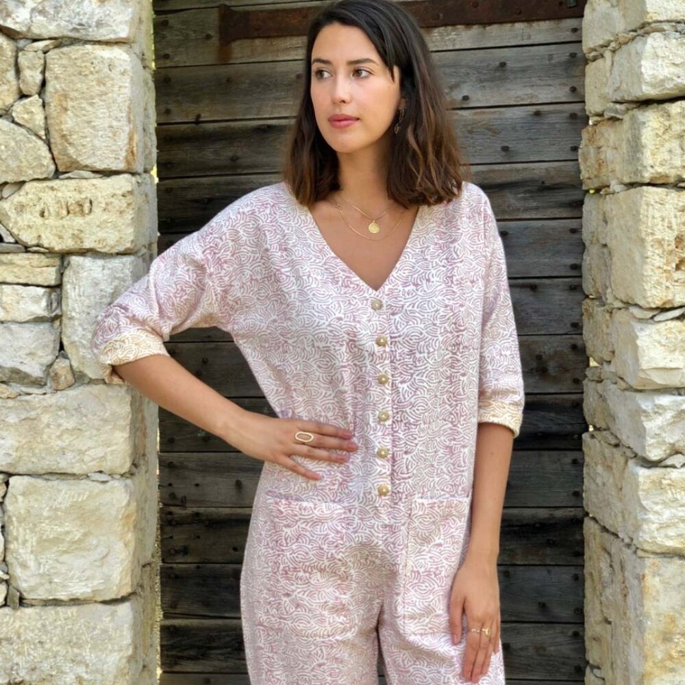 Happy French Gang Victor Pink Jumpsuit Small /‎ Medium Patterned Romper V-Neck
